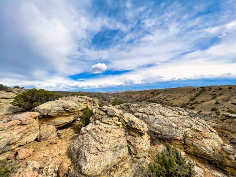 Sagebrush flats and layered sandstone under a wide bank of storm cloud, Petroglyph Canyon