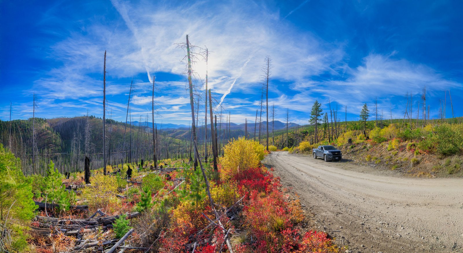 A truck on a remote dirt road through the Magruder Corridor, fall color lining the route