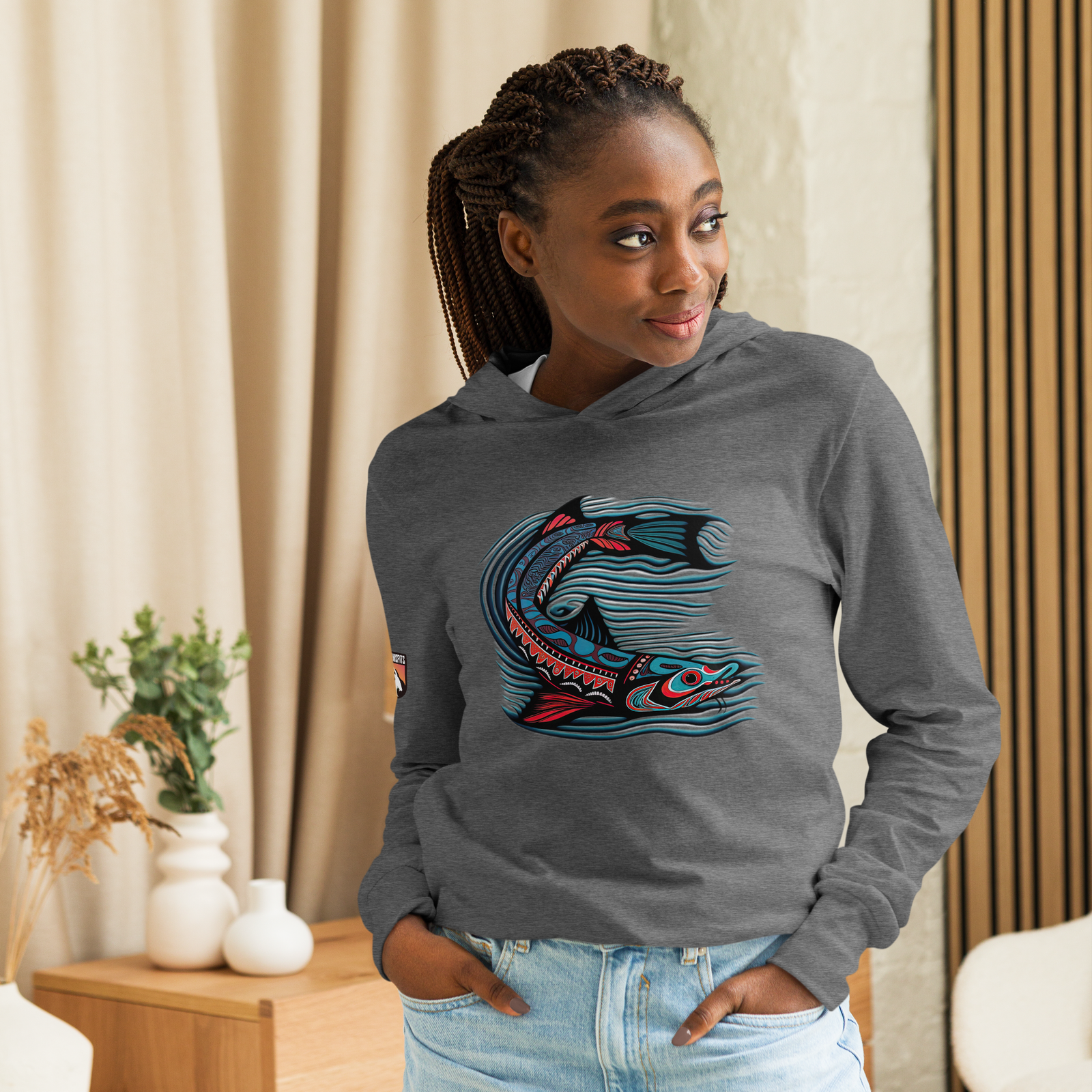 Haida-inspired White Sturgeon hooded long-sleeve tee - Image 3